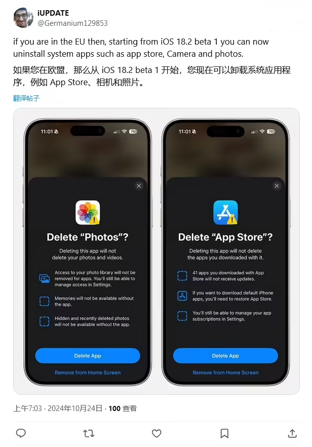 汪场镇苹果手机维修分享iOS 18.2 支持删除 App Store 应用商店 