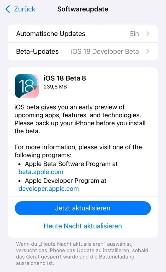 汪场镇苹果手机维修分享苹果 iOS / iPadOS 18 开发者预览版 Beta 8 发布 